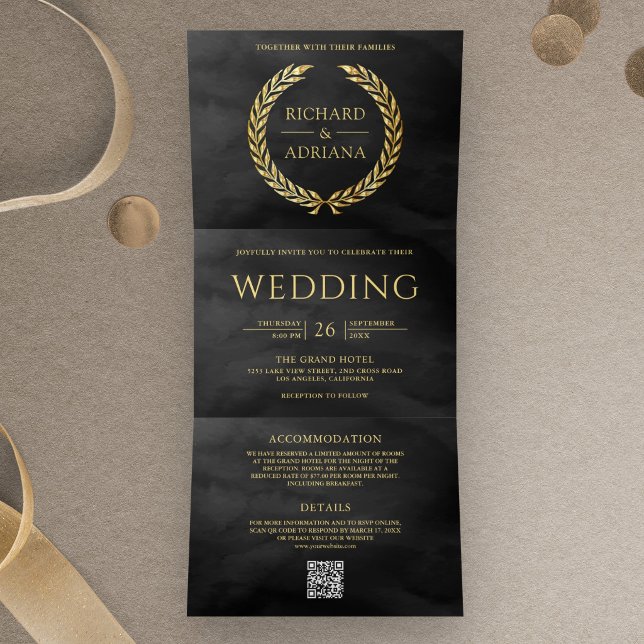 Convite Com Dobra Tripla Casamento Código QR Minimal Laurel Dourado Cinza C (Criador carregado)