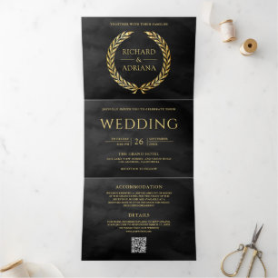 Convite Com Dobra Tripla Casamento Código QR Minimal Laurel Dourado Cinza C