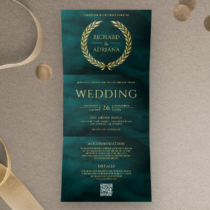 Convite Com Dobra Tripla Casamento Código QR Mínimo Dourado Verde Escuro Lo
