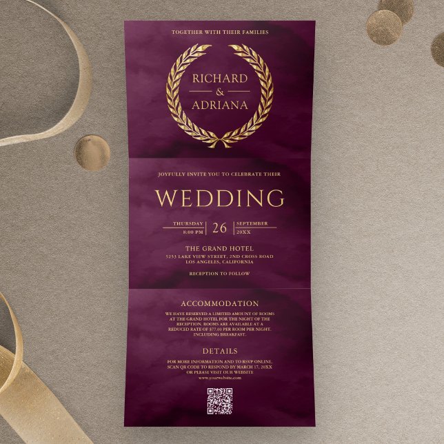 Convite Com Dobra Tripla Casamento Código QR Mínimo Ouro de Ameixa Louro (Criador carregado)