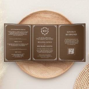 Convite Com Dobra Tripla Casamento Código QR Monograma Marrom e Branco