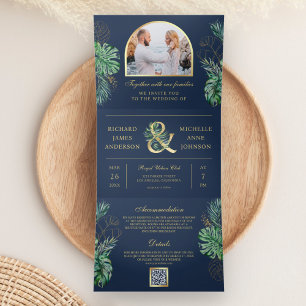 Convite Com Dobra Tripla Casamento Código QR Monstera Palma Tropical Ouro N