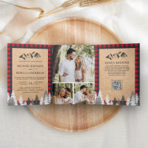 Casamento Código QR Montanha Xadrez Buffalo Vermel