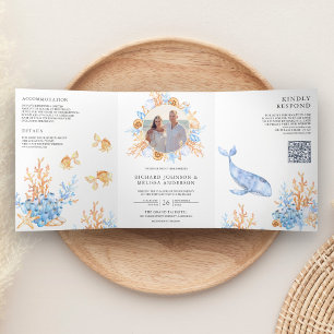 Convite Com Dobra Tripla Casamento Código QR Náutico Aquarela Submarino