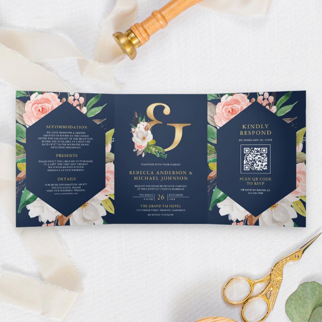 Convite Com Dobra Tripla Casamento Código QR Naval Ampersand Floral Rosa Ru (Criador carregado)