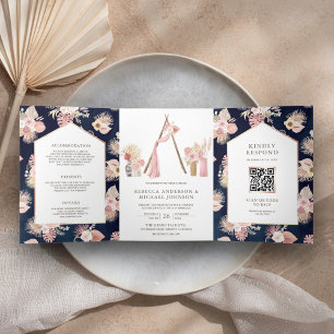 Convite Com Dobra Tripla Casamento Código QR Naval Arbor Floral Rosa Empoei