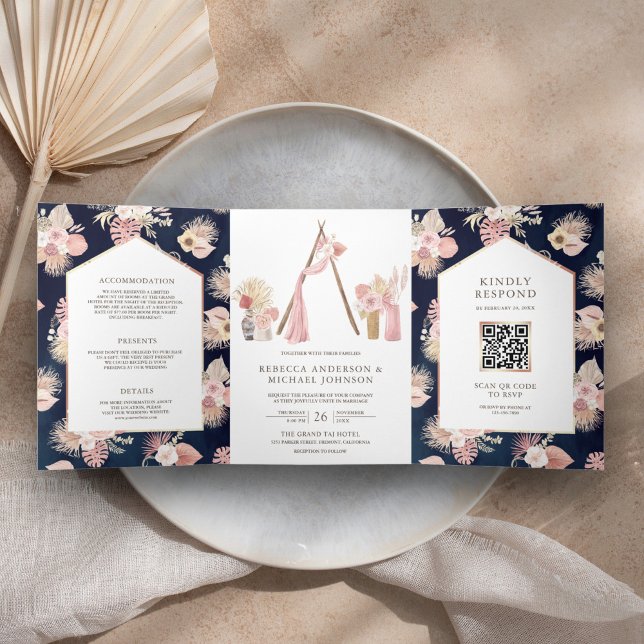 Convite Com Dobra Tripla Casamento Código QR Naval Arbor Floral Rosa Empoei (Criador carregado)