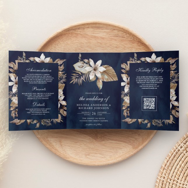Convite Com Dobra Tripla Casamento Código QR Naval Folhas de Palmeira Secas (Criador carregado)
