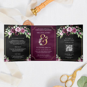 Convite Com Dobra Tripla Casamento Código QR Preto Floral Ampersand Ameixa