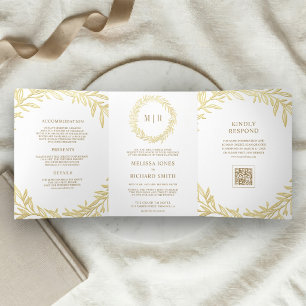 Convite Com Dobra Tripla Casamento Código QR Ramo Folha de Ouro Branco