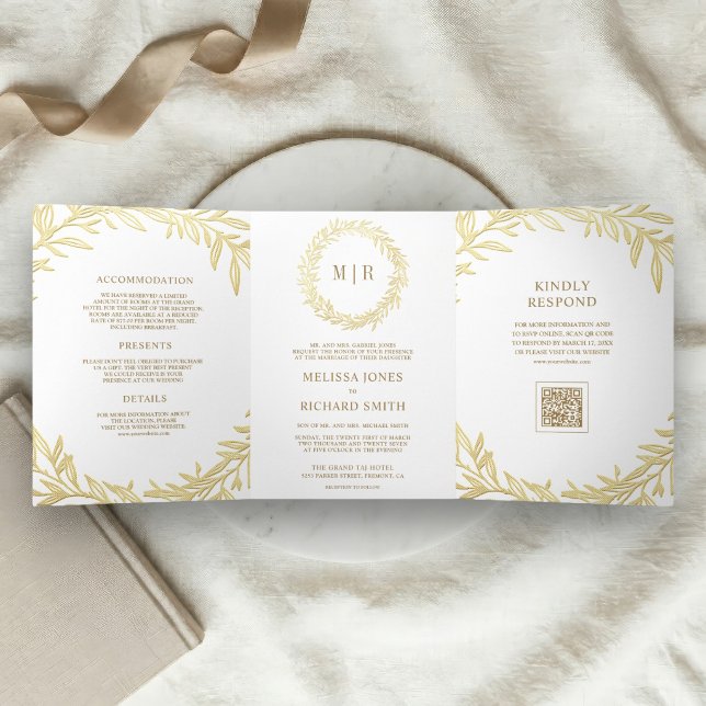 Convite Com Dobra Tripla Casamento Código QR Ramo Folha de Ouro Branco (Criador carregado)
