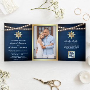 Convite Com Dobra Tripla Casamento Código QR Roda do Navio Dourado Marinha