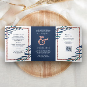 Convite Com Dobra Tripla Casamento Código QR Rosa Dourada Folhas Azul Naval