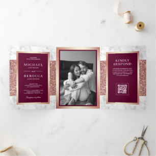 Convite Com Dobra Tripla Casamento Código QR Rosa Dourado Mármore Branco
