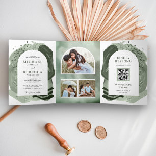 Convite Com Dobra Tripla Casamento Código QR Traços de Pincel Verde Sábio B