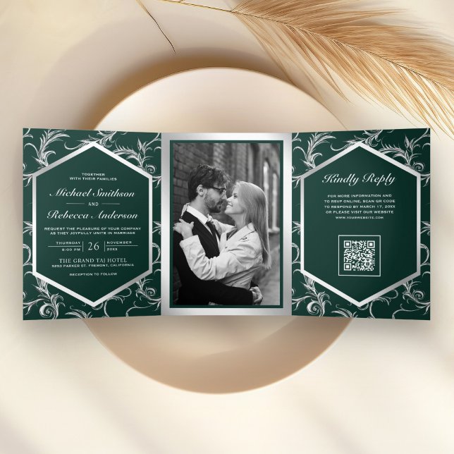 Convite Com Dobra Tripla Casamento Código QR Verde Esmeralda com Brilho de  (Criador carregado)