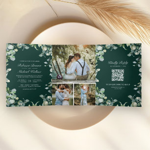 Convite Com Dobra Tripla Casamento Código QR Verde Esmeralda Eucalipto Mode