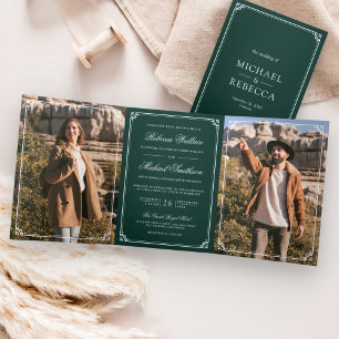 Convite Com Dobra Tripla Casamento Código QR Verde Esmeralda Foto Minimalis
