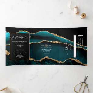 Convite Com Dobra Tripla Casamento com Ágata Azul e Dourado