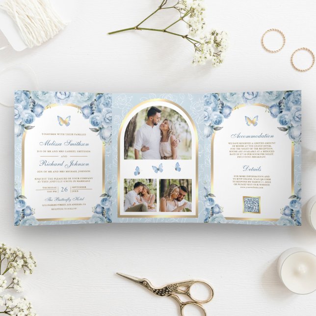 Convite Com Dobra Tripla Casamento com Borboleta Dourada Floral Suave Azul (Criador carregado)