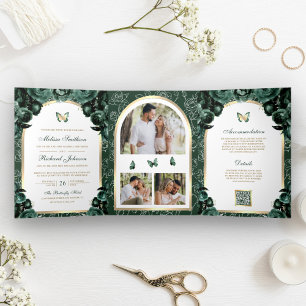 Convite Com Dobra Tripla Casamento com Borboleta Floral Dourada Emerald Gre