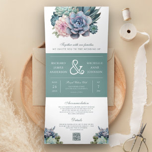 Convite Com Dobra Tripla Casamento com Código QR Ampersand Suculento Pastel