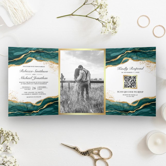 Convite Com Dobra Tripla Casamento com Código QR de Abstrato Dourado Teal (Criador carregado)
