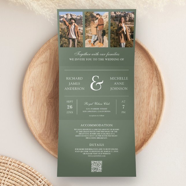 Convite Com Dobra Tripla Casamento com Código QR de Colagem de Fotos Minima (Criador carregado)