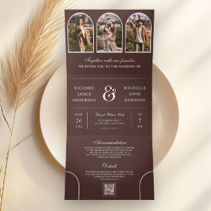Convite Com Dobra Tripla Casamento com Código QR de Foto de Arco Mínimo Mar