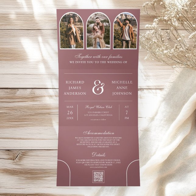 Convite Com Dobra Tripla Casamento com código QR de foto de Arco Mínimo Ros (Criador carregado)