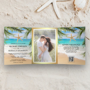 Convite Com Dobra Tripla Casamento com Código QR de Foto de Estrela do Mar