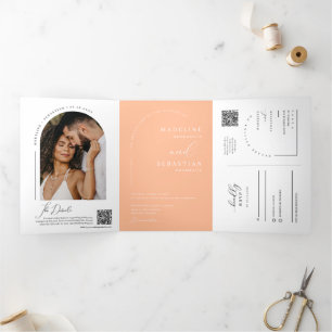 Convite Com Dobra Tripla Casamento com Código QR de Foto do Arco de Pêssego