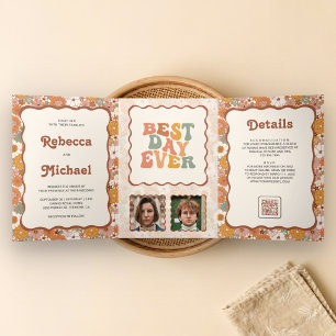 Convite Com Dobra Tripla Casamento com Código QR de Foto Floral Colorida Re