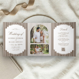 Convite Com Dobra Tripla Casamento com Código QR de Foto Listrada de Marrom