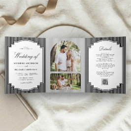 Convite Com Dobra Tripla Casamento com Código QR de Foto Listrada em Preto