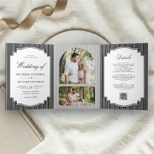 Convite Com Dobra Tripla Casamento com Código QR de Foto Listrada em Preto 