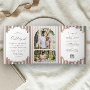 Convite Com Dobra Tripla Casamento com Código QR de Foto Listrada Marrom Mo