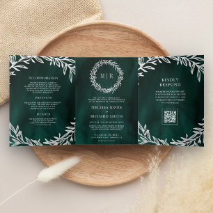 Convite Com Dobra Tripla Casamento com Código QR de Galho de Folha de Prata