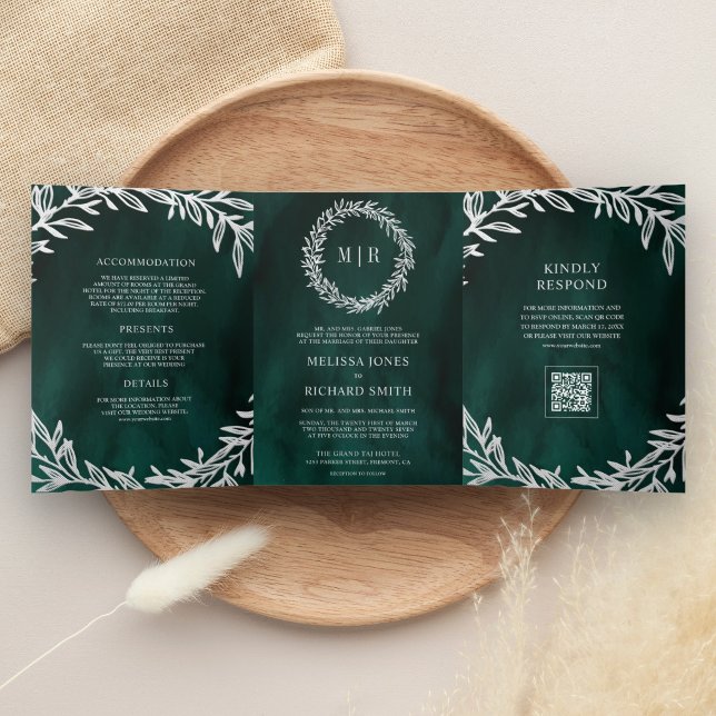 Convite Com Dobra Tripla Casamento com Código QR de Galho de Folha de Prata (Criador carregado)