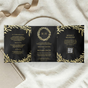 Convite Com Dobra Tripla Casamento com Código QR de Galho em Folha Dourada