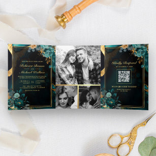 Convite Com Dobra Tripla Casamento com Código QR de Marble Floral Dourado d