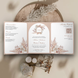 Convite Com Dobra Tripla Casamento com código QR do Boho Pampas Beige Flora