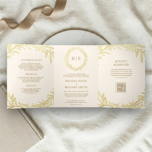 Convite Com Dobra Tripla Casamento com Código QR do Ramo de Folha de Ouro C