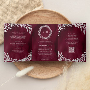 Convite Com Dobra Tripla Casamento com Código QR do Ramo de Folha Prata da