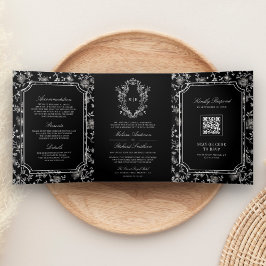 Convite Com Dobra Tripla Casamento com Código QR e Crista de Chinoiserie Pr