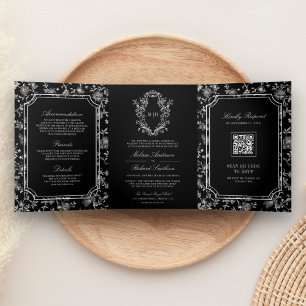Convite Com Dobra Tripla Casamento com Código QR e Crista de Chinoiserie Pr