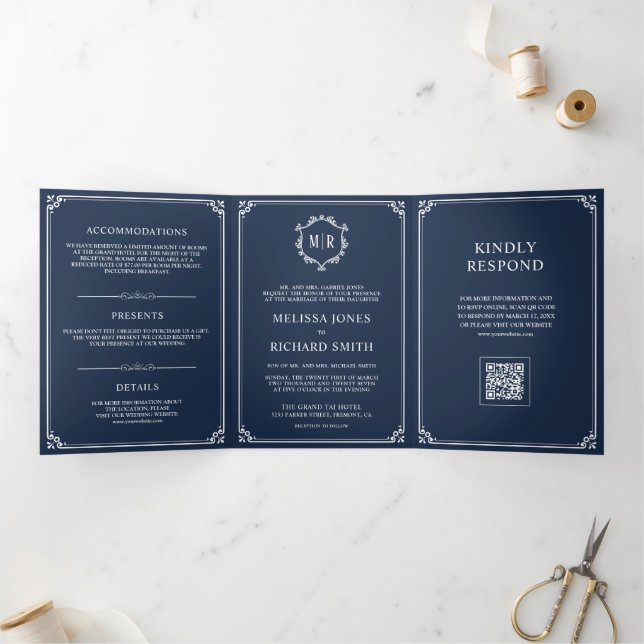 Convite Com Dobra Tripla Casamento com Código QR Monograma Azul Marinho e B (Dentro)