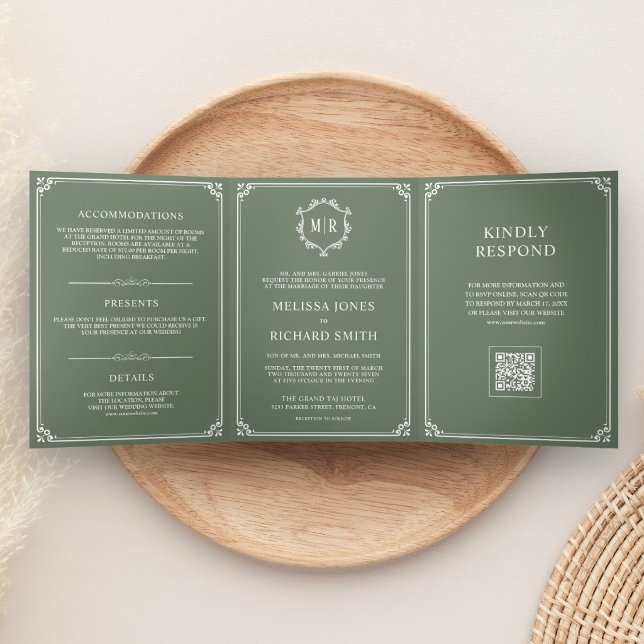 Convite Com Dobra Tripla Casamento com Código QR Monograma Verde e Branco (Criador carregado)