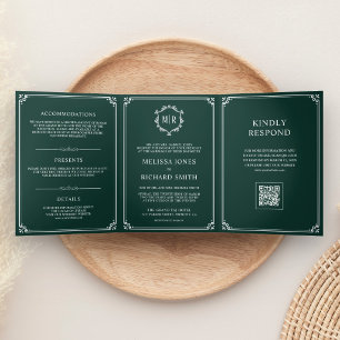 Convite Com Dobra Tripla Casamento com Código QR Monograma Verde Esmeralda