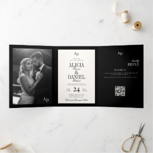 Convite Com Dobra Tripla Casamento com foto clássico preto marfim dinheiro